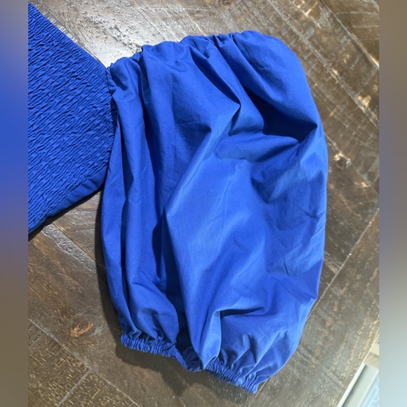 NWT Susana Monaco Blue Nocturnal Puff Sleeve Cotton Poplin Crop Top Sz M - Picture 7 of 11